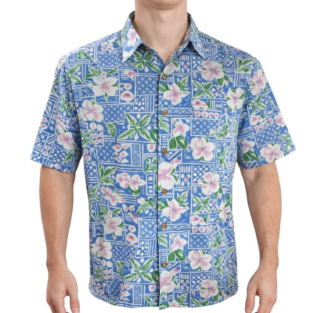 Makapuu Hawaiian Aloha Shirt Large Tribal Symbols Floral Reverse Print Blue